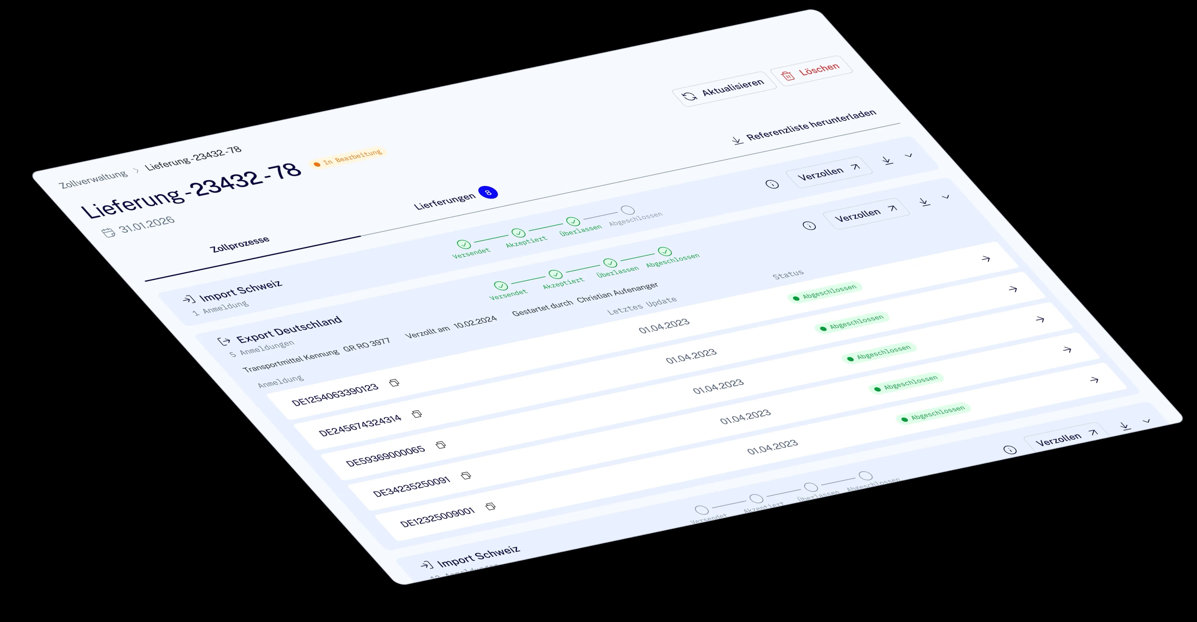 Sendungsdetailansicht in der Declarium Plattform