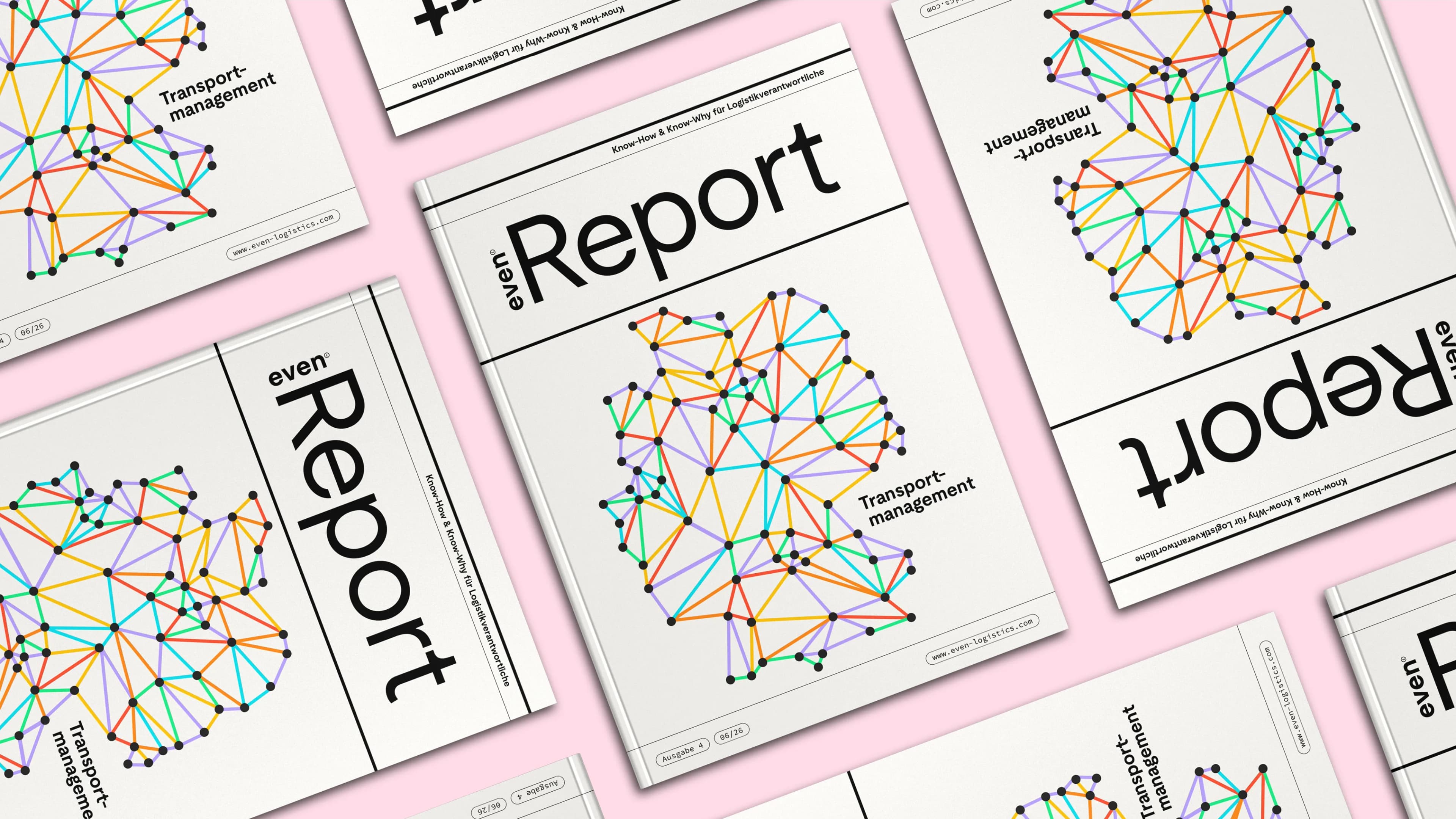 Several copies of even Report #4 about transport management lie on a pink background