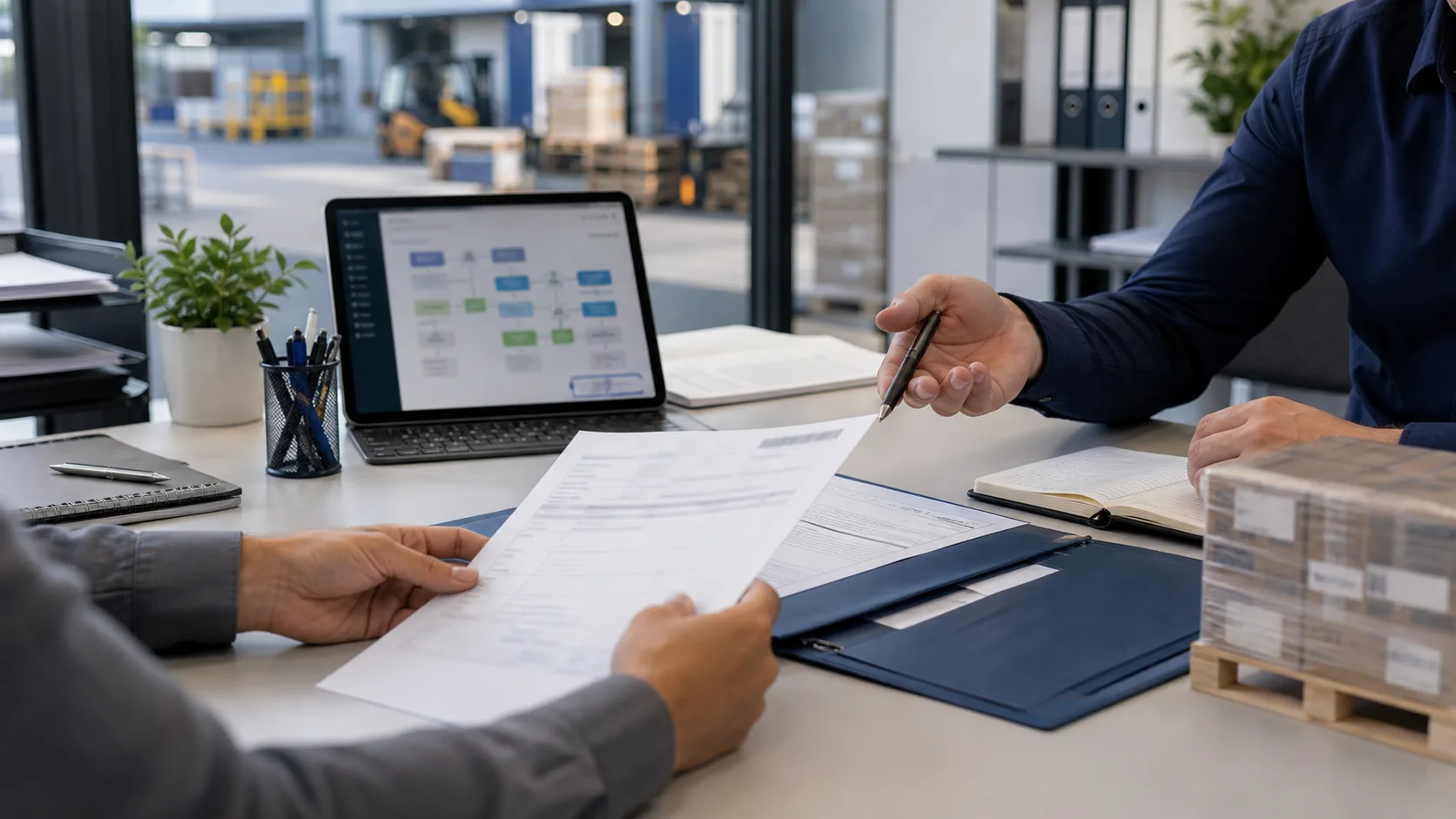 Zwei Personen prüfen an einem Zoll- und Exportdesk Versandunterlagen, während im Hintergrund Fracht in einer Logistikumgebung bereitsteht