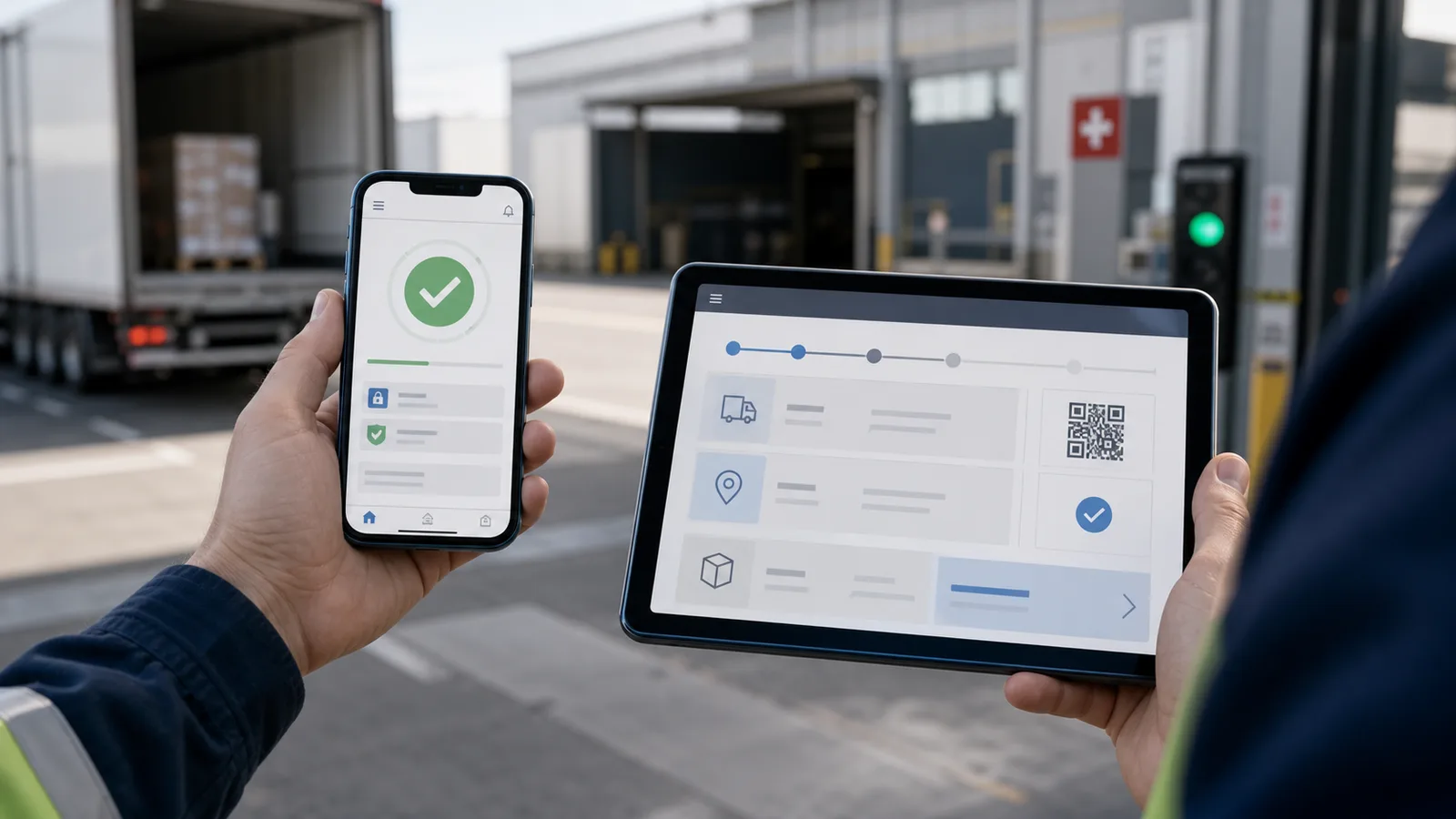 Ein Fahrer hält Smartphone und Tablet mit digitaler Freigabe und Transportanmeldung vor einer unscharfen Logistikumgebung