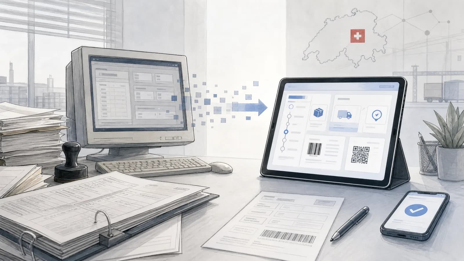 Ein Zollarbeitsplatz zeigt den Übergang von alter e-dec Software auf einem Desktop-Computer zu einem modernen digitalen Passar-Workflow auf einem Tablet