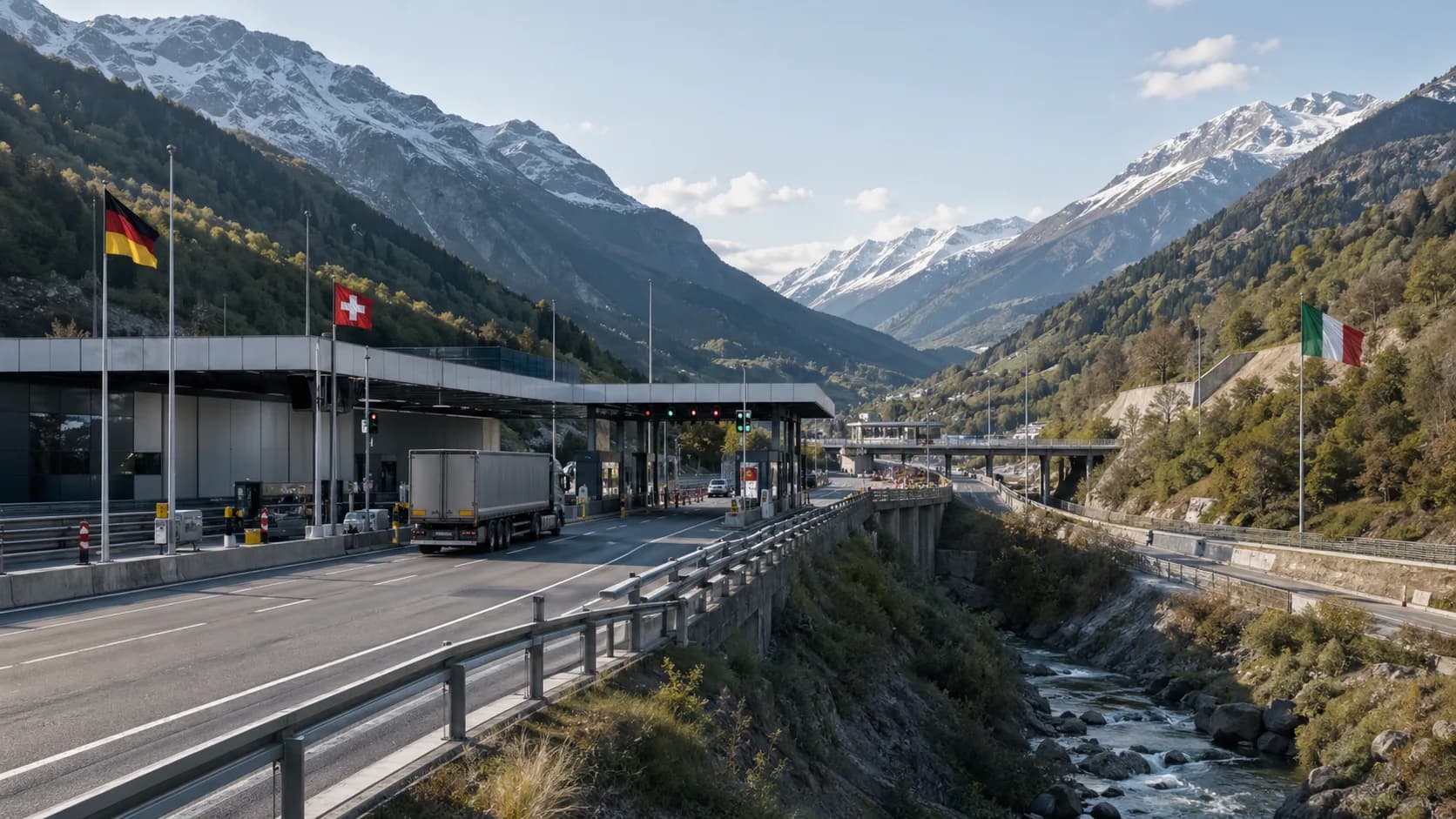 Eine Transitroute führt durch eine Schweizer Alpenlandschaft mit zurückhaltender Zollinfrastruktur und dezenten Schweizer und italienischen Hinweisen