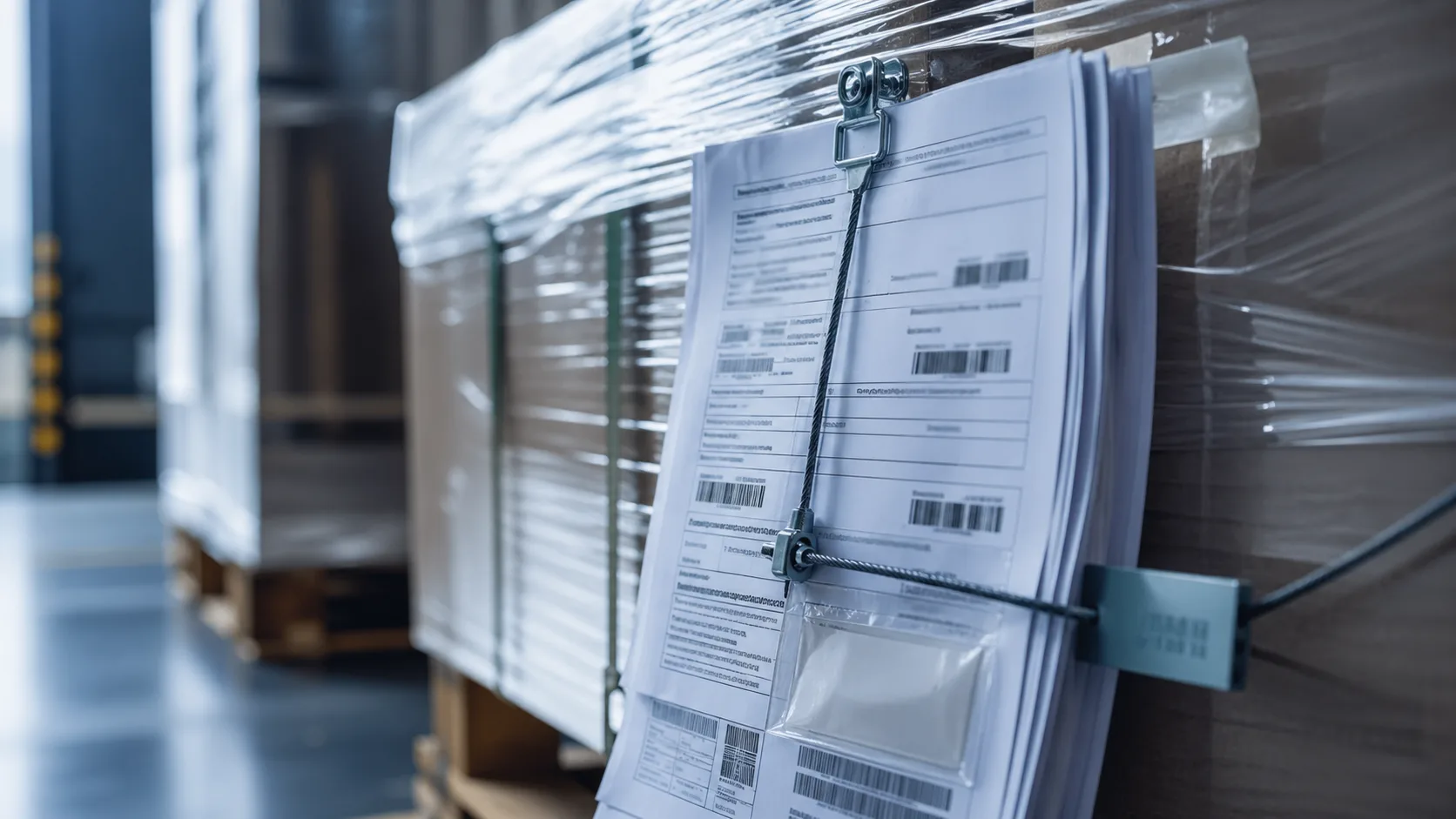 Transit documents and barcode labels are attached to a wrapped freight shipment in a logistics setting