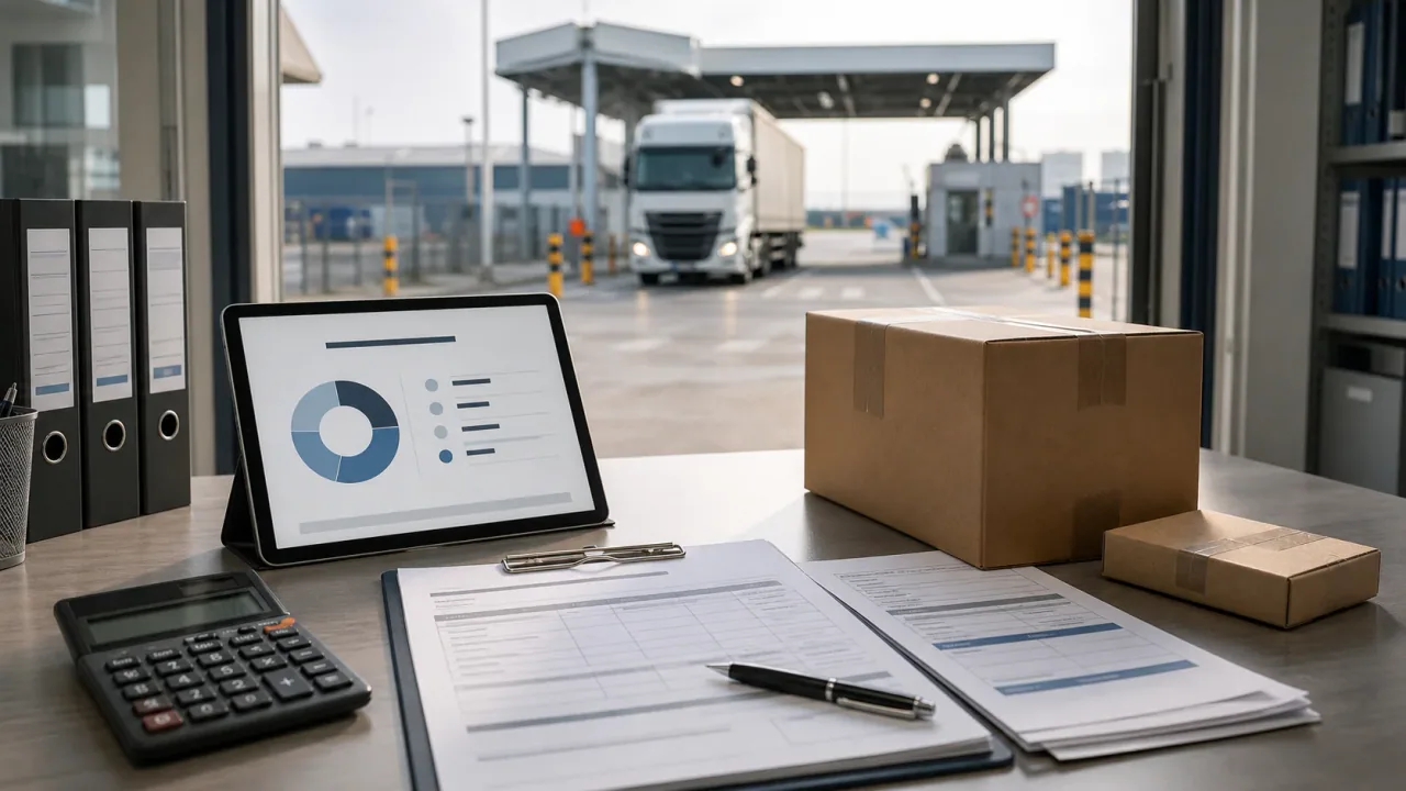 Zollwertberechnung an einem Logistikarbeitsplatz mit Rechnung, Frachtunterlagen, Rechner, Hauptpaket und kleinem Gratis-Beileger vor einem Grenzübergang
