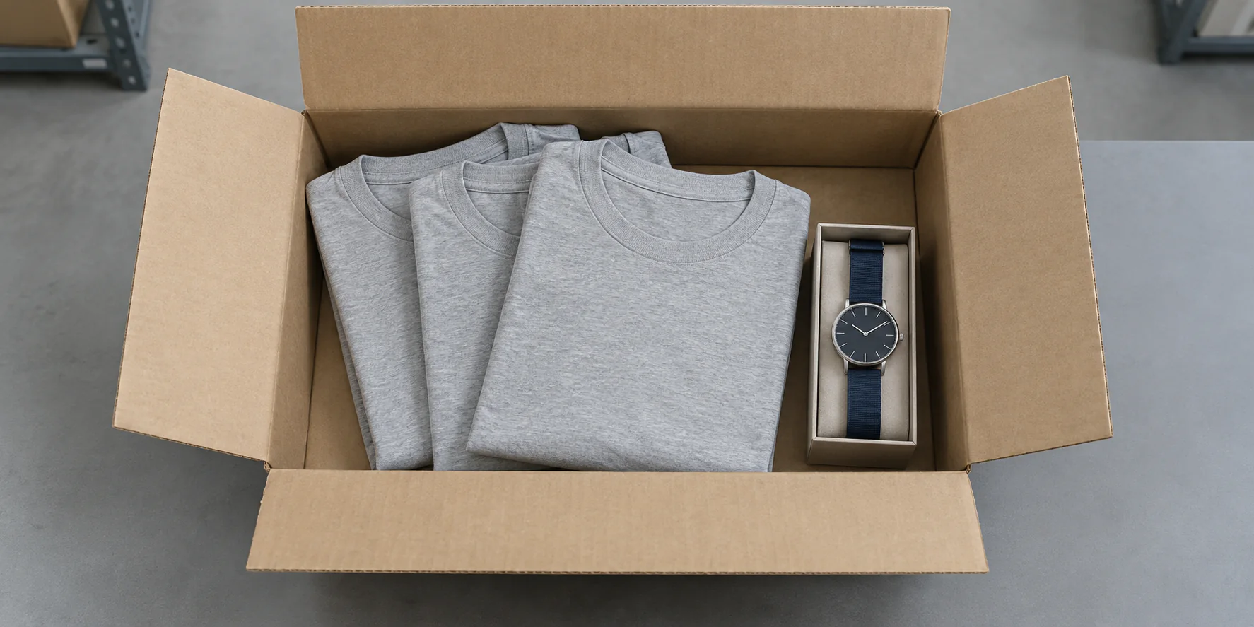 Ein geöffneter Versandkarton mit drei gleichen grauen T-Shirts und einer Armbanduhr mit blauem Armband