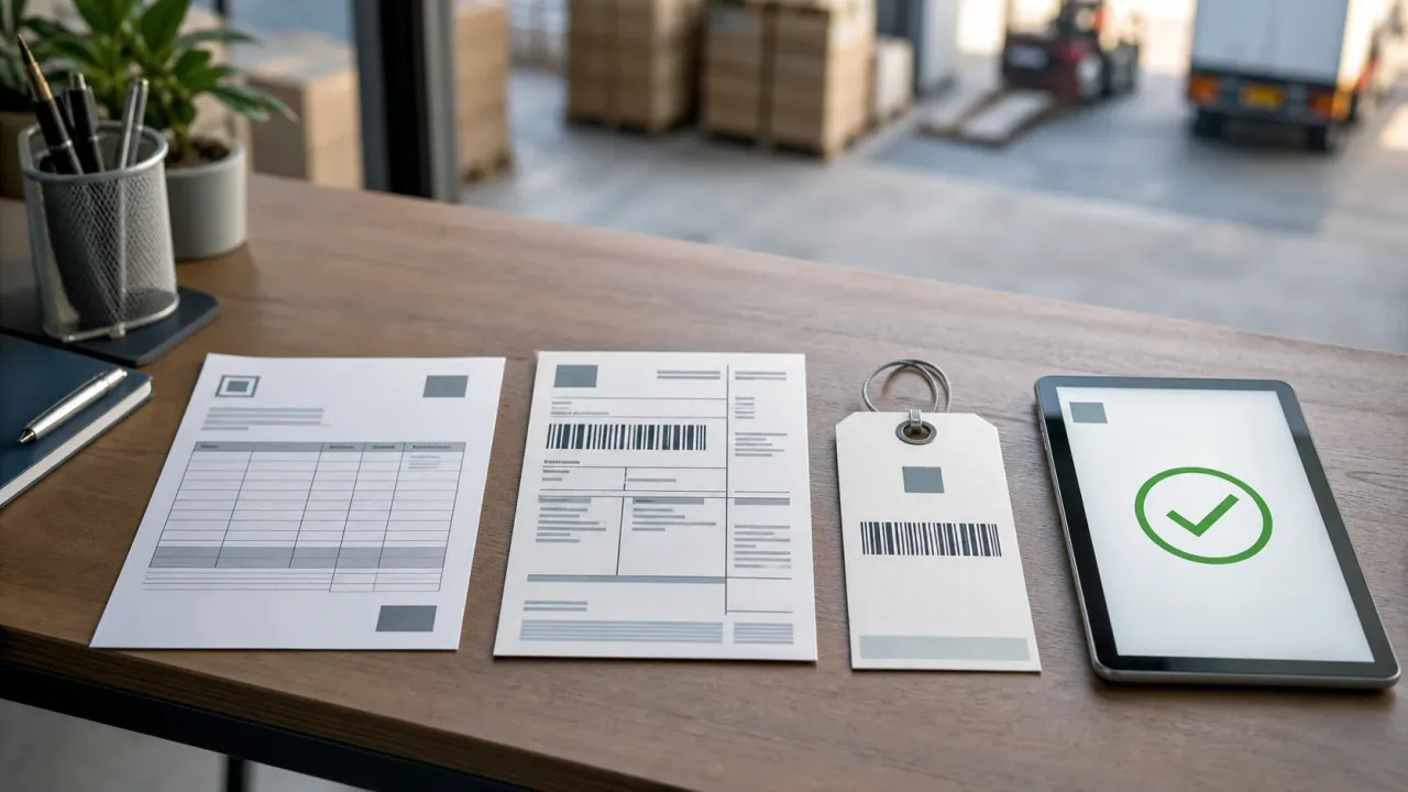 Vier Stationen eines Ausfuhrvorgangs mit Rechnung, Barcode-Dokument, Sendungsreferenz und digitaler Ausgangsbestätigung