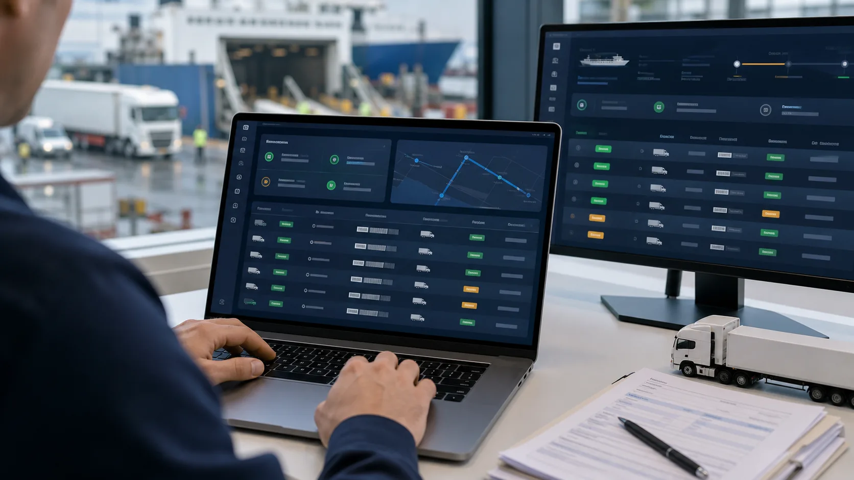 Digital customs references and vehicle data are bundled in logistics software for a UK RoRo crossing