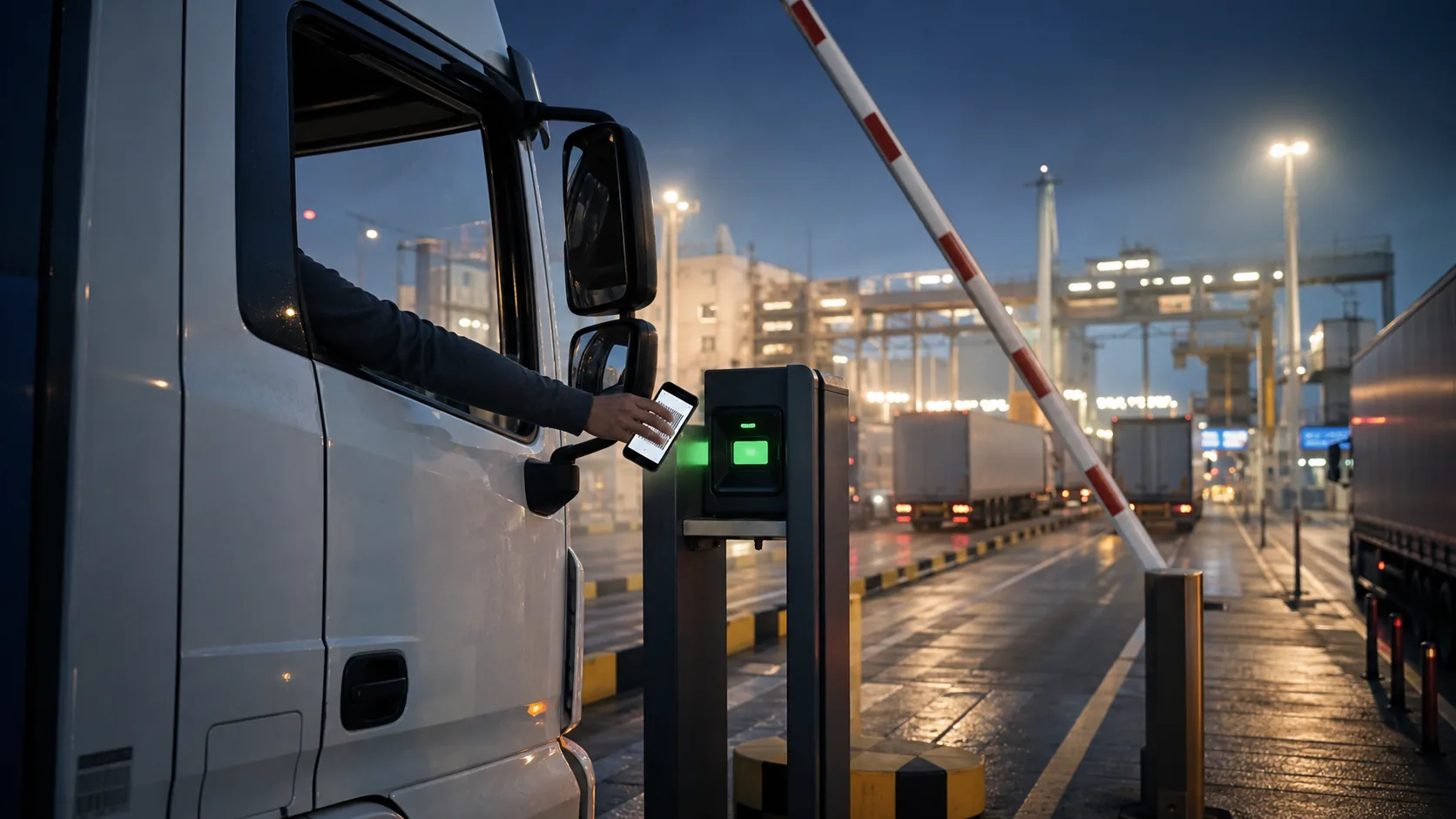 A truck passes the Eurotunnel check-in at night while a digital Goods Movement Reference is scanned from a smartphone