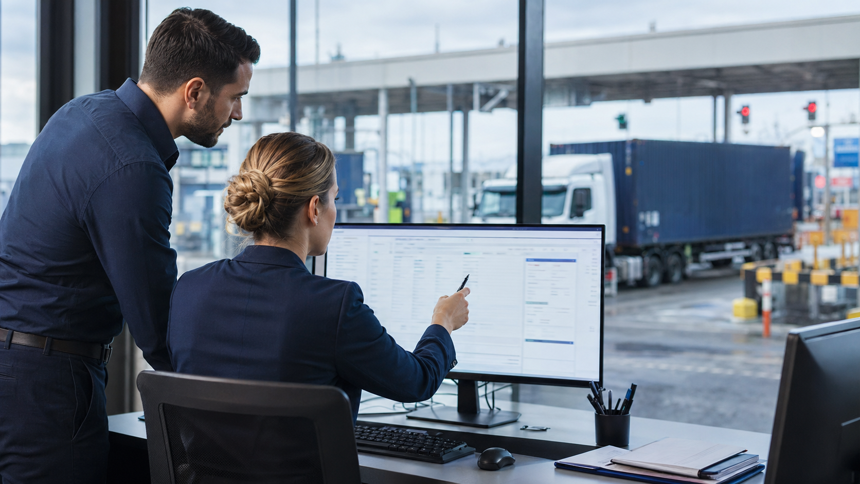 Two logistics professionals reviewing shipment data on a monitor, with a truck lane at an EU border checkpoint visible in the background