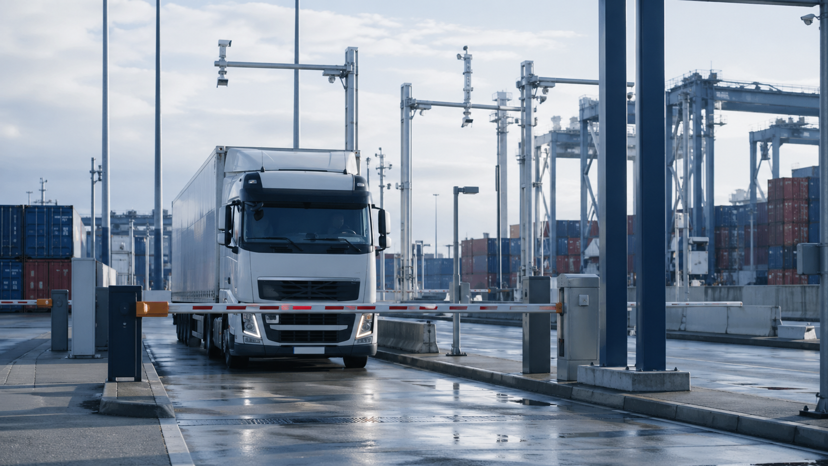 A freight truck waits in a controlled lane at an EU border checkpoint with barrier and customs infrastructure