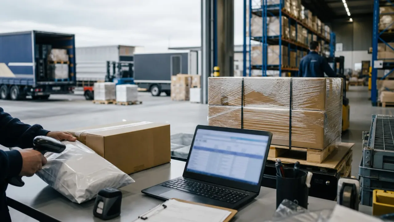 A shipping station in a logistics hall with a parcel, palletized freight, scanner, and laptop for cross-border customs and shipping data
