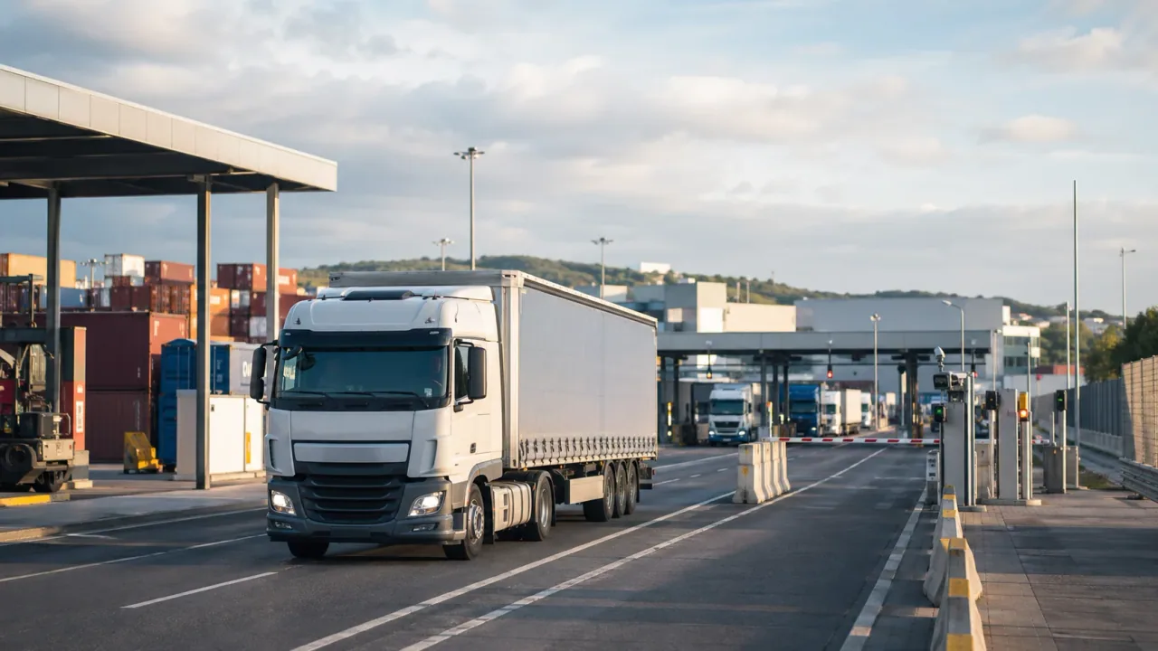 Ein Lastwagen fährt durch eine moderne europäische Transit- und Zollinfrastruktur, die den reibungslosen Warenfluss zwischen Export, Versand und Ankunft vermittelt