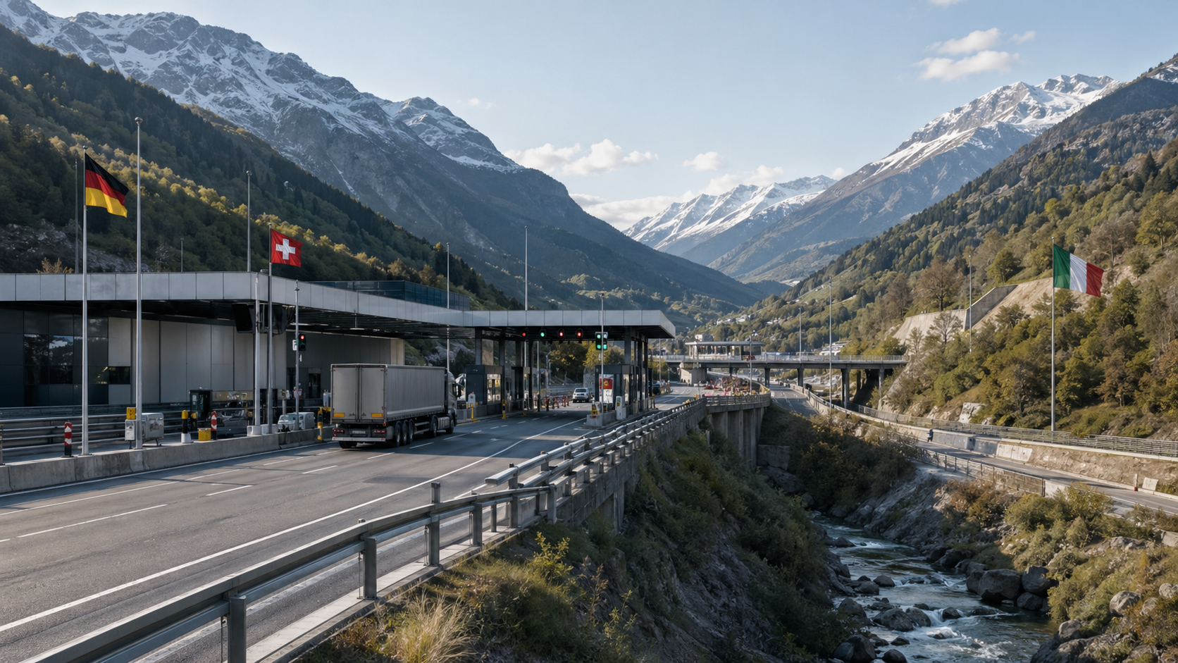A transit corridor runs through the Swiss Alps with restrained customs infrastructure and subtle Swiss and Italian route cues