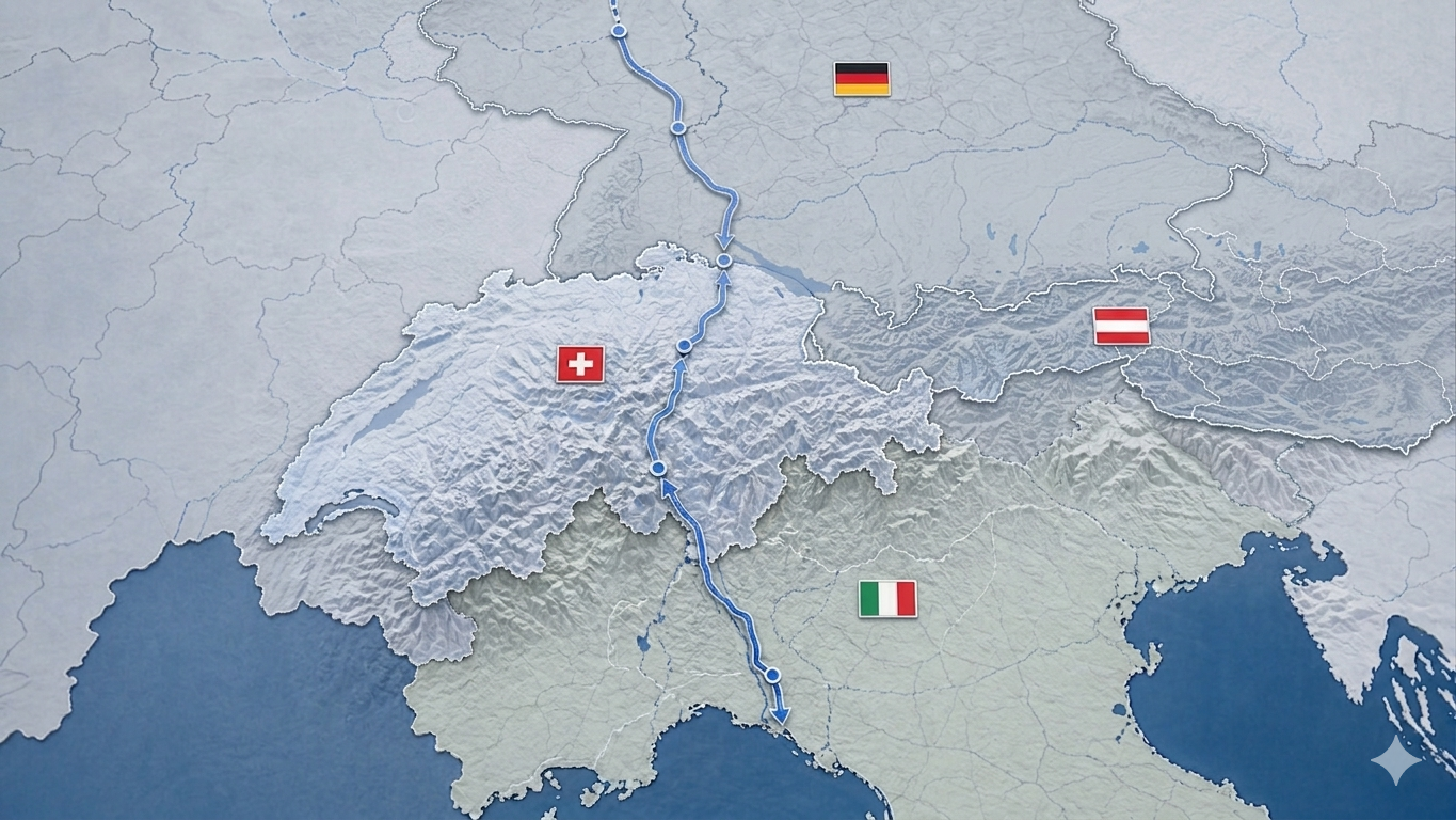 Eine Kartenansicht zeigt die Transitroute von Deutschland durch die Schweiz nach Italien mit dezenten deutschen, Schweizer und italienischen Flaggen