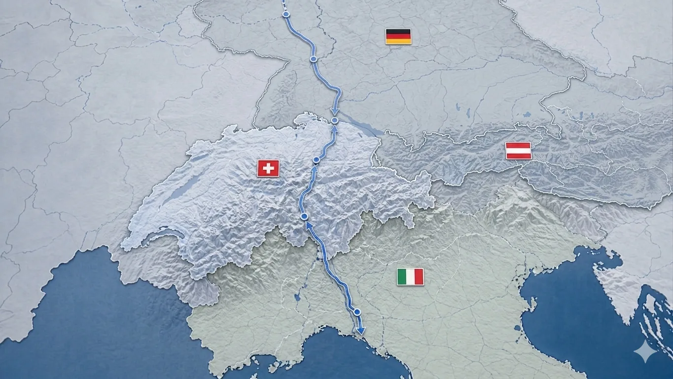 A map view shows the transit route from Germany through Switzerland to Italy with subtle German, Swiss, and Italian flags
