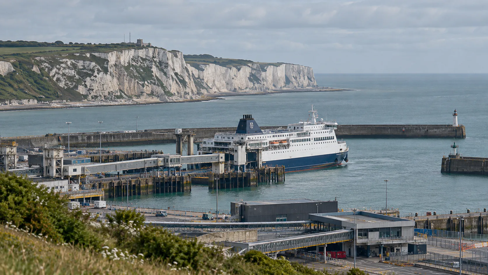 Wide view of a British ferry port with a ferry, harbour infrastructure and coastal cliffs